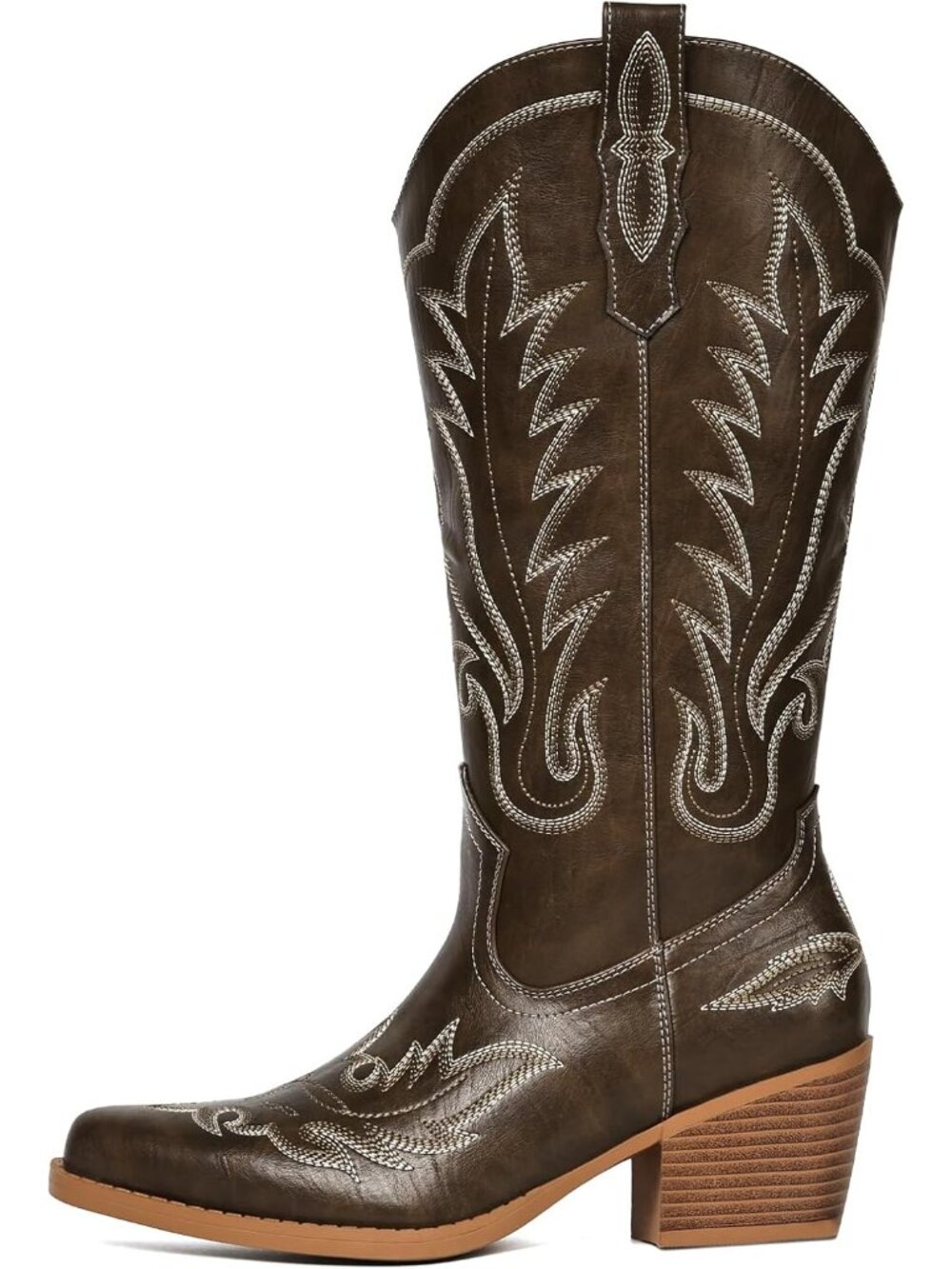 Women Pu Taupe Pull-On Western Mid-Calf Cowboy Snip Toe Chunky Block Heel - Picture 5 of 6